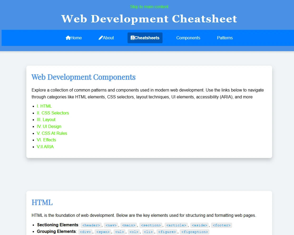 CIS233DA web development cheatsheet school project with navigation and reference sections