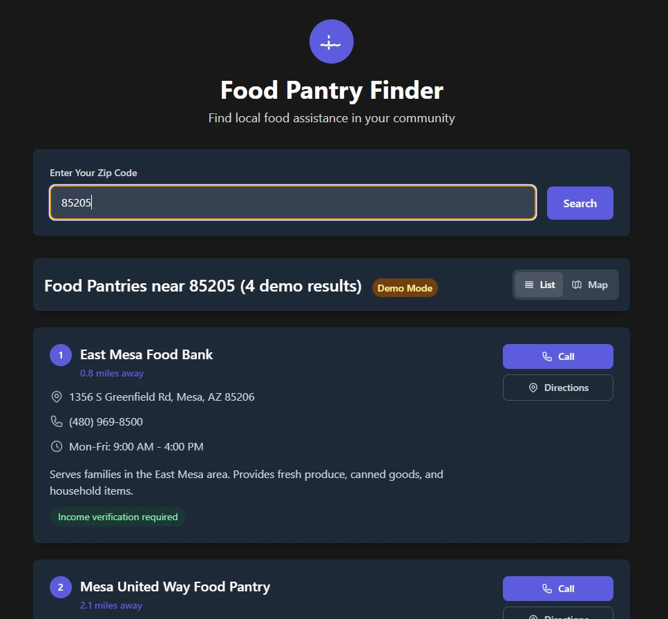 Food Pantry Finder concept showing ZIP search, resource list, and map controls