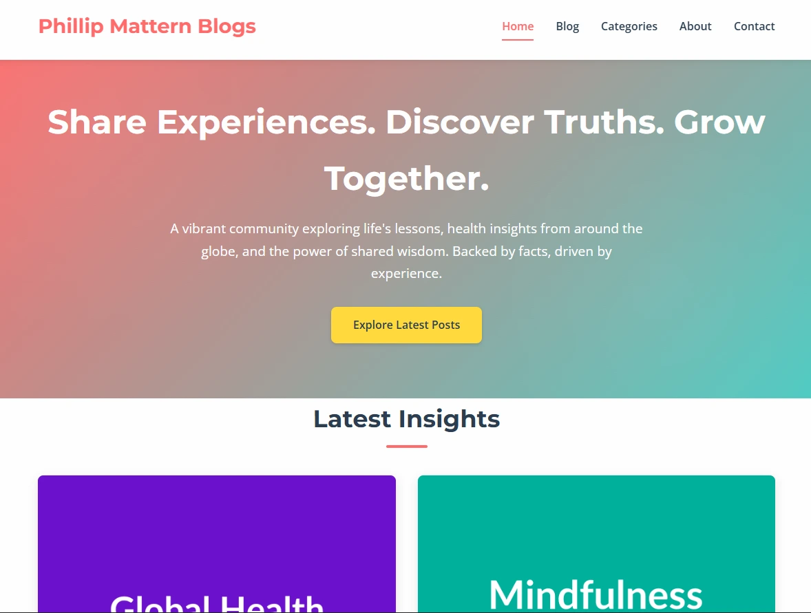 Phillip Mattern Blogs layout study with category cards and hero section