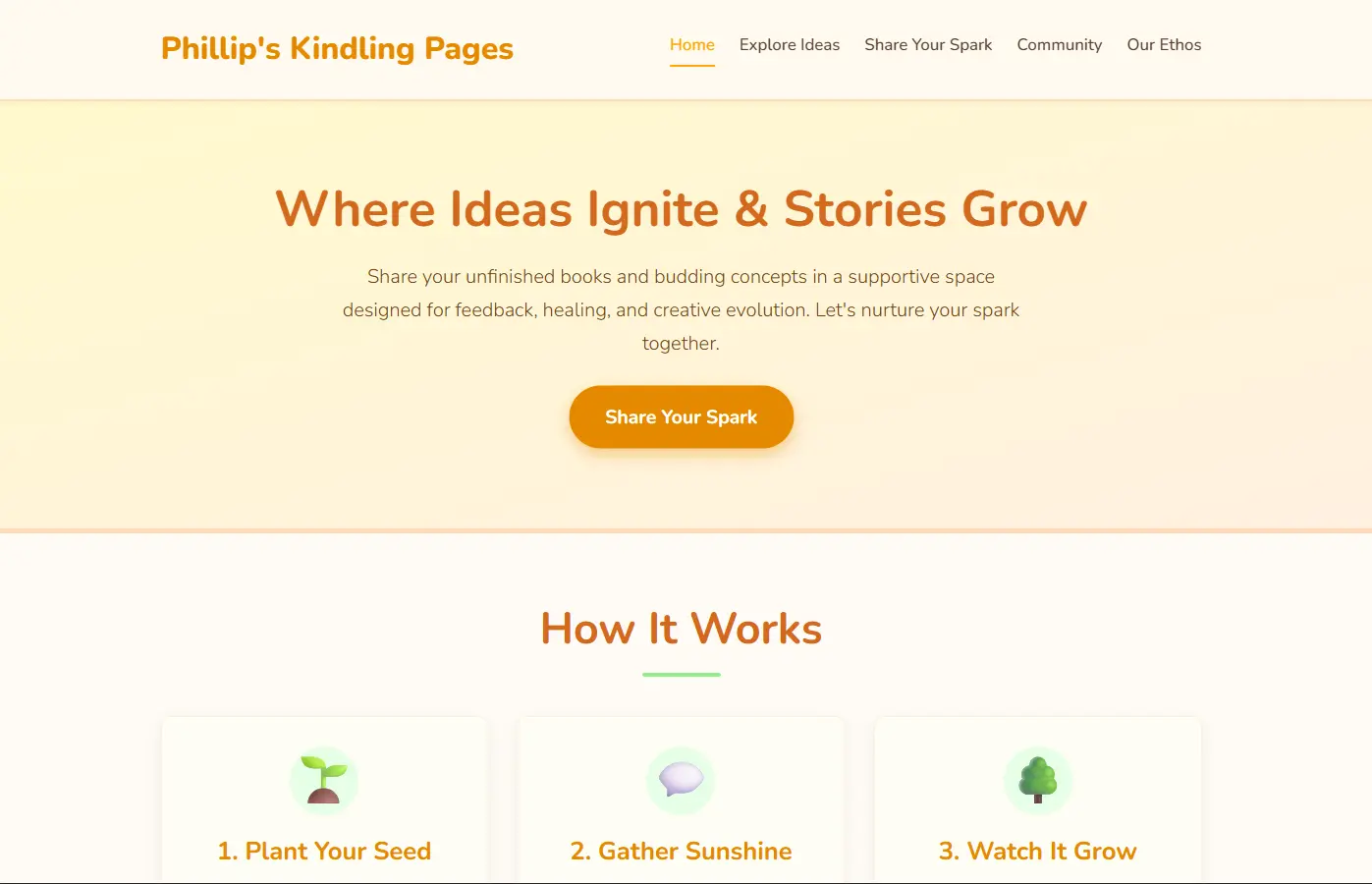 Phillip's Kindling Pages community writing landing page concept